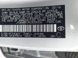 2016 Toyota Prius Four with VIN JTDKARFU9G3008336, listed as a IAAI auction lot 41710594 with 224,479 mi miles and . Bid and sale history available at DreamBid. Image 9.