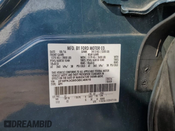 2016 Ford Edge SE с VIN 2FMPK3G95GBC40616, выставлен на аукционе Copart как лот 60574815 с пробегом 176 749 миль миль и Чистый • Clean title. История ставок и продаж доступна на DreamBid. Изображение 13.