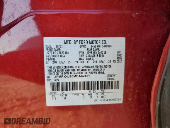 2021 Ford Edge SEL with VIN 2FMPK4J96MBA62421, listed as a Copart auction lot 69049654 with 88,496 mi miles and Salvage Title. Bid and sale history available at carsss.com. Image 14.