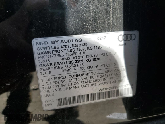 2017 Audi Q3 Premium Plus with VIN WA1HCCFS2HR017114, listed as a Copart auction lot 42201735 with 73,002 mi miles and Salvage title. Bid and sale history available at DreamBid. Image 12.
