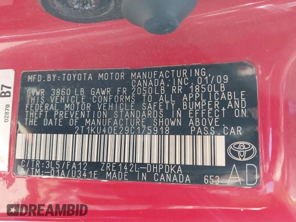 2009 Toyota Matrix with VIN 2T1KU40E29C175918, listed as a IAAI auction lot 41693932 with 110,609 mi miles and . Bid and sale history available at DreamBid. Image 9.