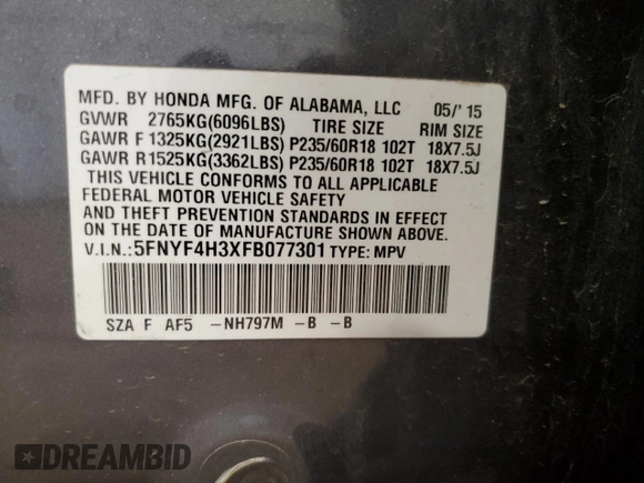2015 Honda Pilot SE with VIN 5FNYF4H3XFB077301, listed as a Copart auction lot 50770575 with 90,373 mi miles and Salvage Title. Bid and sale history available at DreamBid. Image 13.