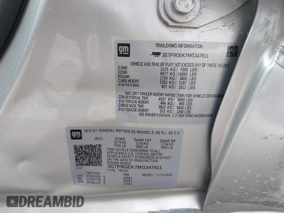 2021 GMC Sierra 1500 with VIN 3GTP9GEK7MG347611, listed as a IAAI auction lot 41640059 with 30,033 mi miles and . Bid and sale history available at DreamBid. Image 9.