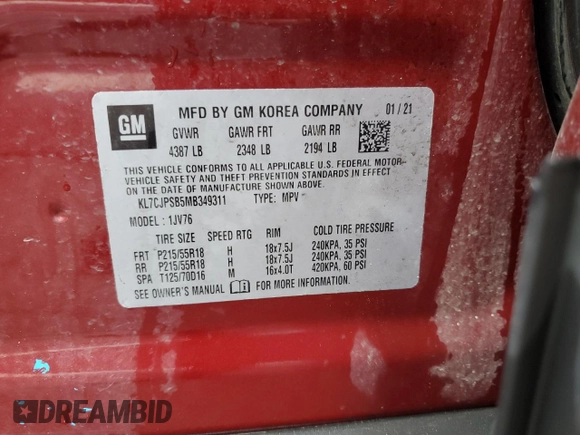 2021 Chevrolet Trax LT с VIN KL7CJPSB5MB349311, выставлен на аукционе Copart как лот 61666575 с пробегом 127 731 миль миль и Чистый • Clean title. История ставок и продаж доступна на DreamBid. Изображение 14.