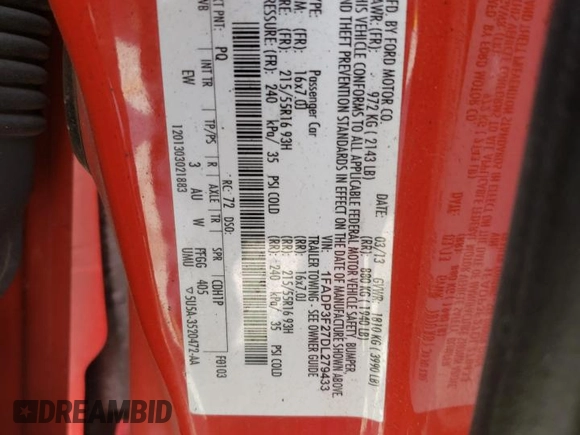 2013 Ford Focus SE with VIN 1FADP3F27DL279433, listed as a Copart auction lot 47407065 with 178,889 mi miles and Salvage title. Bid and sale history available at DreamBid. Image 13.