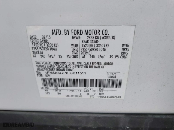 2015 Ford Explorer Sport with VIN 1FM5K8GT1FGC11511, listed as a IAAI auction lot 41922269 with 163,014 mi miles. Bid and sale history available at carsss.com. Image 9.