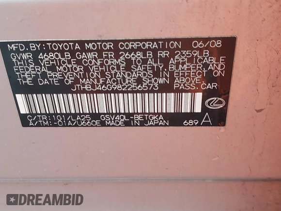 2008 Lexus ES 330 с VIN JTHBJ46G982256573, выставлен на аукционе IAAI как лот 41103672 с пробегом 79 642 миль миль и . История ставок и продаж доступна на DreamBid. Изображение 9.