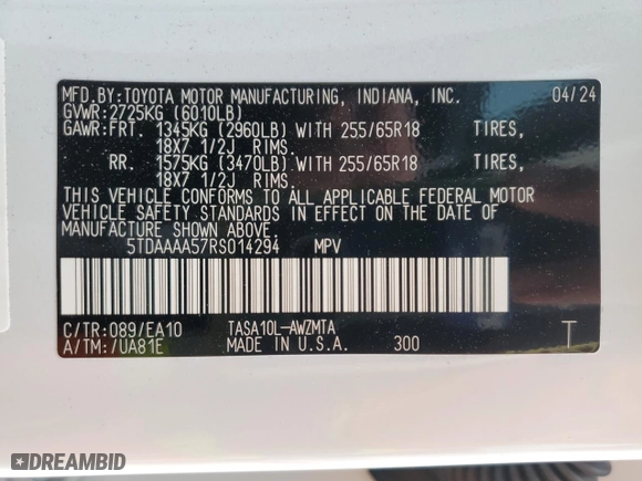 2024 Toyota Grand Highlander XLE with VIN 5TDAAAA57RS014294, listed as a Copart auction lot 88875235 with 10,706 mi miles and Non Repairable. Bid and sale history available at carsss.com. Image 14.