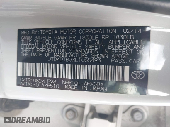 2014 Toyota Prius One with VIN JTDKDTB3XE1065493, listed as a IAAI auction lot 42063832 with 80,440 mi miles and . Bid and sale history available at DreamBid. Image 9.