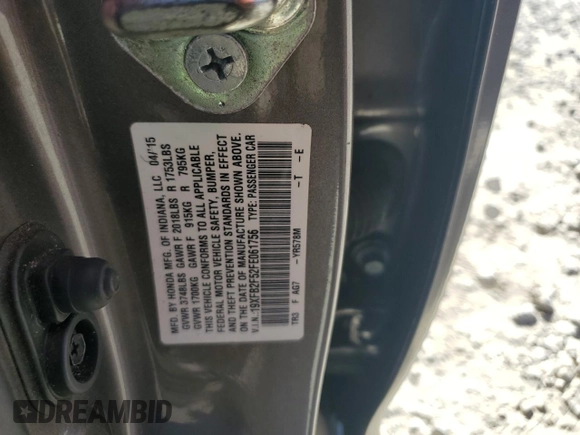 2015 Honda Civic Sedan LX with VIN 19XFB2F52FE061756, listed as a Copart auction lot 52982275 with 86,352 mi miles and Salvage Title. Bid and sale history available at carsss.com. Image 13.