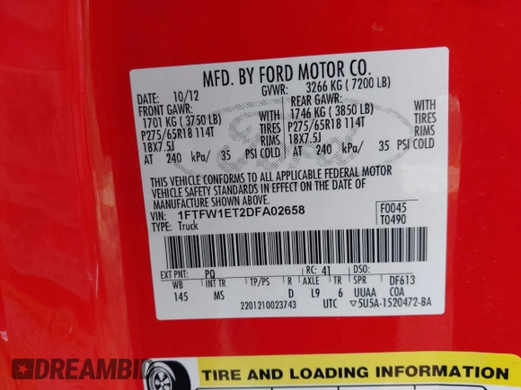 2013 Ford F-150 XL with VIN 1FTFW1ET2DFA02658, listed as a IAAI auction lot 42098151 with 146,953 mi miles and . Bid and sale history available at carsss.com. Image 9.