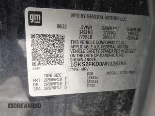 2022 GMC Yukon XL SLE with VIN 1GKS2FKD0NR326393, listed as a IAAI auction lot 41674448 with 43,807 mi miles and . Bid and sale history available at DreamBid. Image 9.
