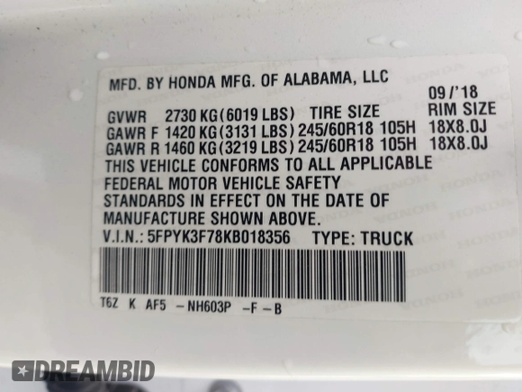 2019 Honda Ridgeline RTL-E with VIN 5FPYK3F78KB018356, listed as a IAAI auction lot 41946363 with 61,472 mi miles and . Bid and sale history available at DreamBid. Image 9.