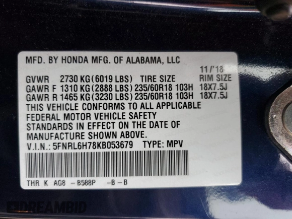 2019 Honda Odyssey EX-L with VIN 5FNRL6H78KB053679, listed as a Copart auction lot 85165274 with 45,371 mi miles and Salvage Title. Bid and sale history available at DreamBid. Image 15.