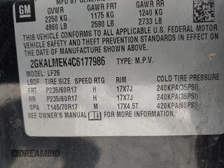2012 GMC Terrain SLE-1 with VIN 2GKALMEK4C6177986, listed as a IAAI auction lot 41896694 with Not Provided miles and . Bid and sale history available at carsss.com. Image 9.