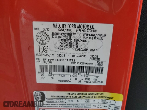 2012 Ford F-150 XL with VIN 1FTFW1ET5CKE11792, listed as a Copart auction lot 53061045 with 191,373 mi miles and Clean Title. Bid and sale history available at carsss.com. Image 12.