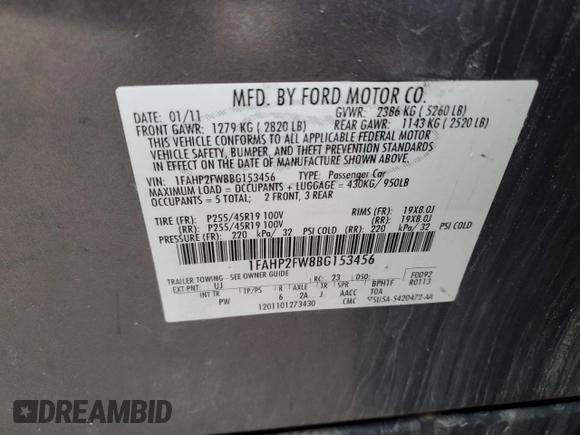 2011 Ford Taurus Limited with VIN 1FAHP2FW8BG153456, listed as a Copart auction lot 43833815 with 168,326 mi miles and Salvage title. Bid and sale history available at DreamBid. Image 14.