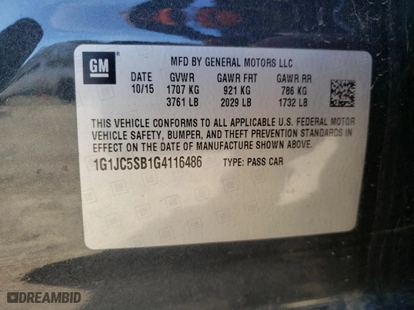 2016 Chevrolet Sonic LT with VIN 1G1JC5SB1G4116486, listed as a Copart auction lot 88802915 with NaN miles and Salvage Title. Bid and sale history available at carsss.com. Image 12.