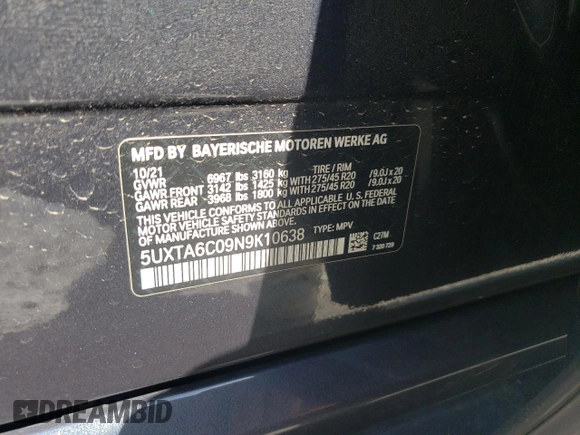 2022 BMW X5 xDrive45e with VIN 5UXTA6C09N9K10638, listed as a Copart auction lot 48321845 with 44,036 mi miles and Salvage Title. Bid and sale history available at DreamBid. Image 16.