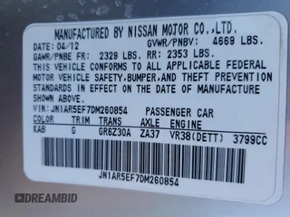 2013 Nissan GT-R Premium z VIN JN1AR5EF7DM260854, wystawiony jako Copart lot #42809575 z przebiegiem Nie podano mil oraz Szkoda całkowita • Salvage title. Historia ofert i sprzedaży dostępna na DreamBid. Obrazek 13.