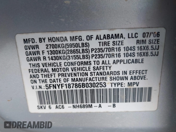 2006 Honda Pilot EX-L with VIN 5FNYF18786B030253, listed as a IAAI auction lot 41708620 with 146,713 mi miles and . Bid and sale history available at DreamBid. Image 9.