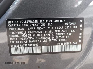 2014 Volkswagen Passat S with VIN 1VWAP7A37EC018693, listed as a IAAI auction lot 42463719 with 143,105 mi miles and . Bid and sale history available at DreamBid. Image 9.