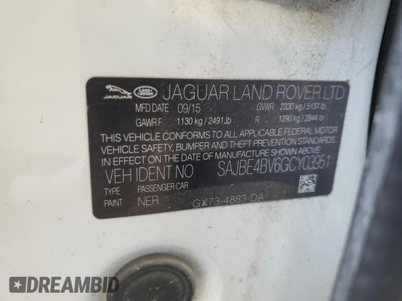 2016 Jaguar XF 35t Prestige with VIN SAJBE4BV6GCY03951, listed as a Copart auction lot 50139605 with 102,721 mi miles and Salvage Title. Bid and sale history available at DreamBid. Image 12.