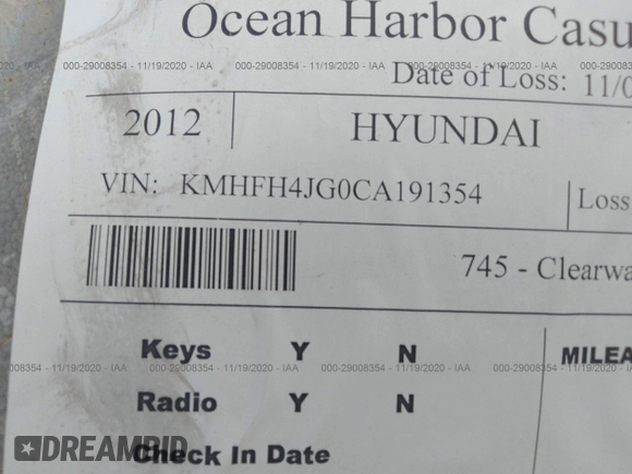 2012 Hyundai Azera with VIN KMHFH4JG0CA191354, listed as a IAAI auction lot 41308509 with Not provided miles and . Bid and sale history available at DreamBid. Image 9.