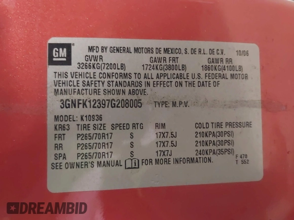 2007 Chevrolet Avalanche LTZ with VIN 3GNFK12397G208005, listed as a IAAI auction lot 42409777 with 246,870 mi miles and . Bid and sale history available at DreamBid. Image 9.