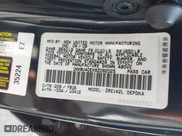 2009 Toyota Corolla with VIN 1NXBU40EX9Z092025, listed as a IAAI auction lot 41529599 with Not Provided miles. Bid and sale history available at carsss.com. Image 9.