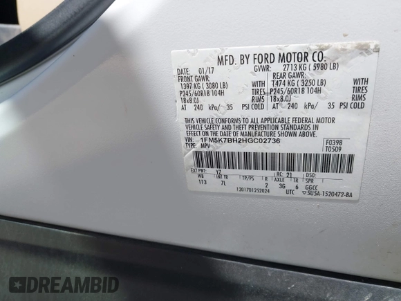 2017 Ford Explorer with VIN 1FM5K7BH2HGC02736, listed as a IAAI auction lot 42096894 with 138,987 mi miles and . Bid and sale history available at DreamBid. Image 9.