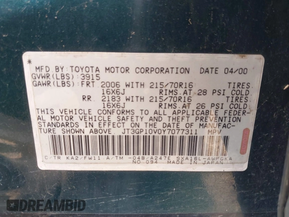 2000 Toyota RAV4 z VIN JT3GP10V0Y7077311, wystawiony jako IAAI lot #42316525 z przebiegiem 299 397 mil mil oraz . Historia ofert i sprzedaży dostępna na DreamBid. Obrazek 9.