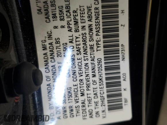 2019 Honda Civic Si with VIN 2HGFC1E55KH705260, listed as a Copart auction lot 51404525 with 79,528 mi miles and Salvage Title. Bid and sale history available at DreamBid. Image 13.