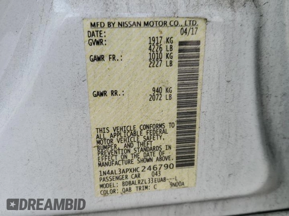 2017 Nissan Altima SL with VIN 1N4AL3APXHC246790, listed as a Copart auction lot 59638665 with 111,302 mi miles and Salvage title. Bid and sale history available at DreamBid. Image 12.