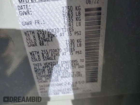 2022 Nissan Pathfinder Platinum z VIN 5N1DR3DJ0NC261450, wystawiony jako Copart lot #52529575 z przebiegiem 52 490 mil mil oraz Szkoda całkowita • Salvage title. Historia ofert i sprzedaży dostępna na DreamBid. Obrazek 15.