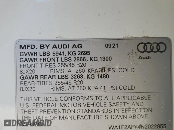 2022 Audi Q5 S line Prestige with VIN WA1F2AFY4N2022855, listed as a Copart auction lot 86198714 with 0 mi miles and Salvage Title. Bid and sale history available at carsss.com. Image 14.