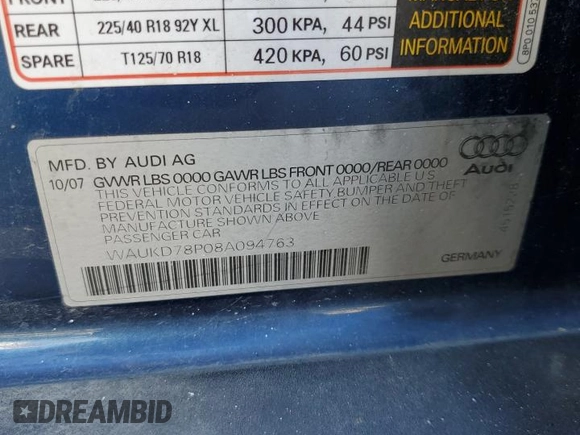 2008 Audi A3 S-Line with VIN WAUKD78P08A094763, listed as a Copart auction lot 42447185 with 118,902 mi miles and Salvage Title. Bid and sale history available at carsss.com. Image 13.