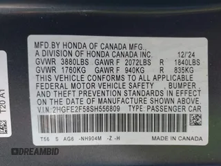 2025 Honda Civic Sport z VIN 2HGFE2F58SH556809, wystawiony jako IAAI lot #42081375 z przebiegiem 8 647 mil mil oraz . Historia ofert i sprzedaży dostępna na DreamBid. Obrazek 9.