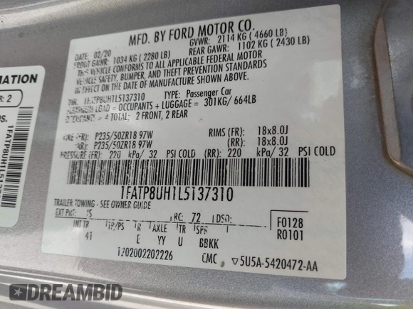 2020 Ford Mustang EcoBoost with VIN 1FATP8UH1L5137310, listed as a IAAI auction lot 41672021 with 90,246 mi miles. Bid and sale history available at carsss.com. Image 9.