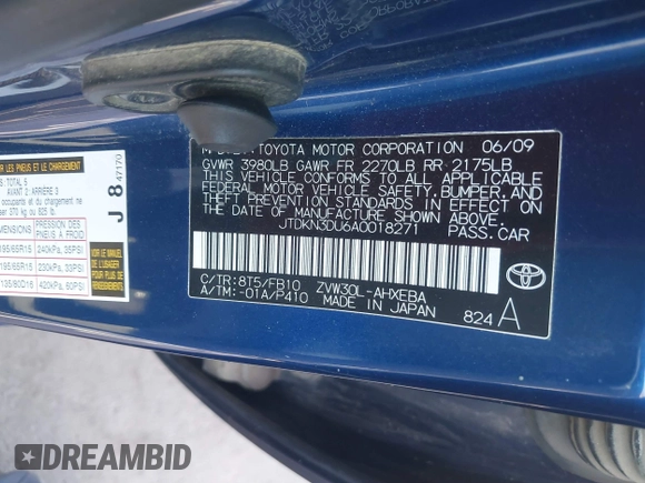 2010 Toyota Prius II with VIN JTDKN3DU6A0018271, listed as a IAAI auction lot 40429739 with 262,133 mi miles. Bid and sale history available at carsss.com. Image 9.