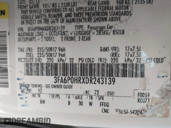 2013 Ford Fusion SE with VIN 3FA6P0HRXDR243139, listed as a IAAI auction lot 41441509 with 196,961 mi miles and . Bid and sale history available at DreamBid. Image 9.