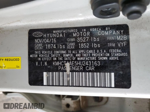 2017 Hyundai Accent SE z VIN KMHCT4AE5HU243163, wystawiony jako Copart lot #59122575 z przebiegiem 134 774 mil mil oraz Szkoda całkowita • Salvage title. Historia ofert i sprzedaży dostępna na DreamBid. Obrazek 12.