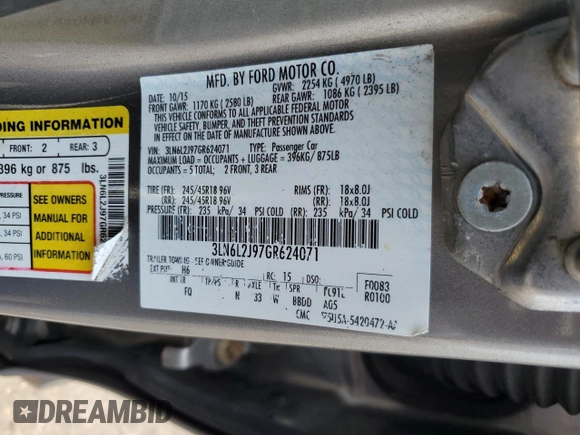 2016 Lincoln MKZ with VIN 3LN6L2J97GR624071, listed as a Copart auction lot 62464335 with 157,418 mi miles and Salvage title. Bid and sale history available at DreamBid. Image 12.