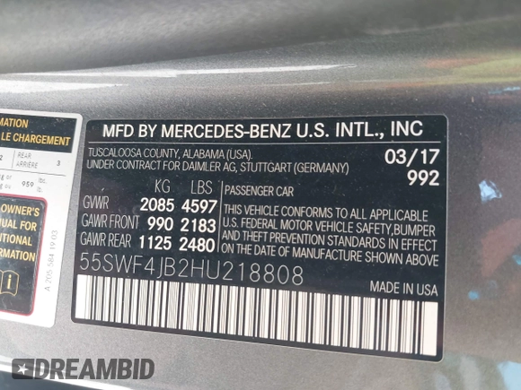 2017 Mercedes-Benz C 300 with VIN 55SWF4JB2HU218808, listed as a IAAI auction lot 42094419 with 75,780 mi miles and . Bid and sale history available at DreamBid. Image 9.