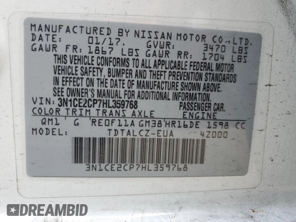 2017 Nissan Note SV with VIN 3N1CE2CP7HL359768, listed as a Copart auction lot 54891005 with 114,587 mi miles and Clean Title. Bid and sale history available at DreamBid. Image 12.