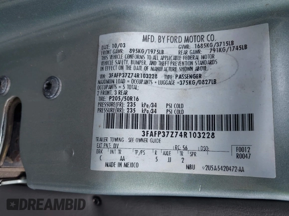 2004 Ford Focus with VIN 3FAFP37Z74R103228, listed as a IAAI auction lot 42658143 with 90,519 mi miles and . Bid and sale history available at DreamBid. Image 9.