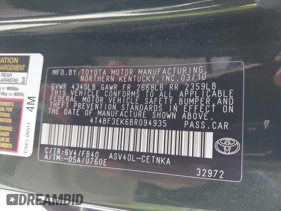 2011 Toyota Camry LE with VIN 4T4BF3EK6BR094935, listed as a IAAI auction lot 41281802 with 119,081 mi miles and . Bid and sale history available at DreamBid. Image 9.