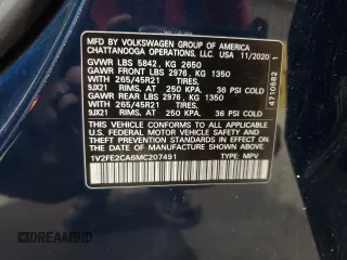 2021 Volkswagen Atlas SEL Premium R-Line with VIN 1V2FE2CA6MC207491, listed as a Copart auction lot 53086855 with 67,837 mi miles and Salvage title. Bid and sale history available at DreamBid. Image 13.