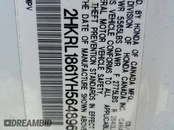 2000 Honda Odyssey EX with VIN 2HKRL1861YH564896, listed as a Copart auction lot 50635805 with 156,313 mi miles and Salvage Title. Bid and sale history available at DreamBid. Image 13.