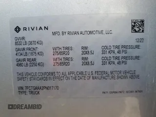 2023 Rivian R1T Adventure with VIN 7FCTGAAA2PN017170, listed as a Copart auction lot 77473014 with 28,821 mi miles and Salvage Title. Bid and sale history available at DreamBid. Image 12.